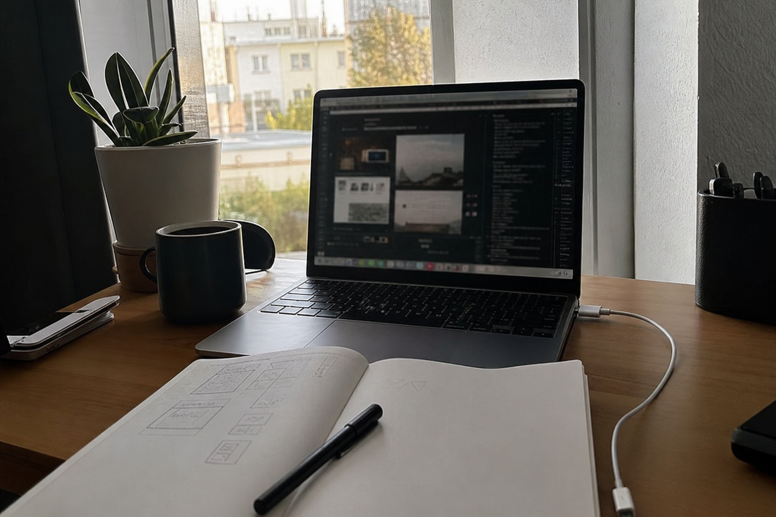 Everyday workspace with laptop, notebook, and coffee